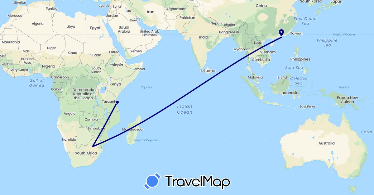 TravelMap itinerary: driving in China, Tanzania, South Africa (Africa, Asia)